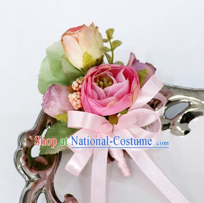 Top Grade Classical Wedding Silk Flowers,Groom Emulational Corsage Groomsman Pink Brooch Flowers for Men