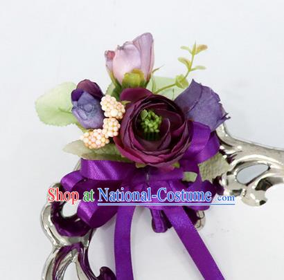 Top Grade Classical Wedding Silk Flowers,Groom Emulational Corsage Groomsman Purple Brooch Flowers for Men