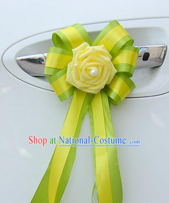 Top Grade Wedding Accessories Decoration, China Style Wedding Car Bowknot Yellow Flowers Bride Long Ribbon Garlands Ornaments