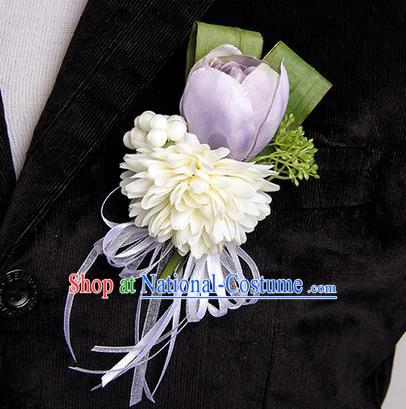 Top Grade Classical Wedding Lilac Silk Tulipa Flowers,Groom Emulational Corsage Groomsman Brooch Flowers for Men