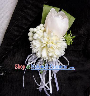 Top Grade Classical Wedding White Silk Tulipa Flowers,Groom Emulational Corsage Groomsman Brooch Flowers for Men