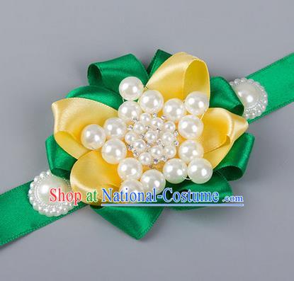 Top Grade Classical Wedding Pearl Green Ribbon Bangle, Bride Emulational Wrist Flowers Bridesmaid Bracelet Flowers for Women