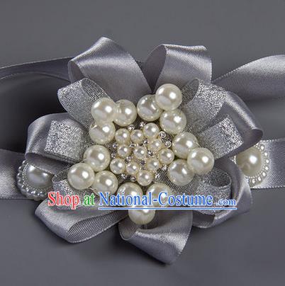 Top Grade Classical Wedding Pearl Grey Ribbon Bangle, Bride Emulational Wrist Flowers Bridesmaid Bracelet Flowers for Women