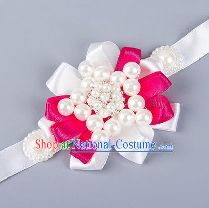 Top Grade Classical Wedding Pearl White Ribbon Bangle, Bride Emulational Wrist Flowers Bridesmaid Bracelet Flowers for Women