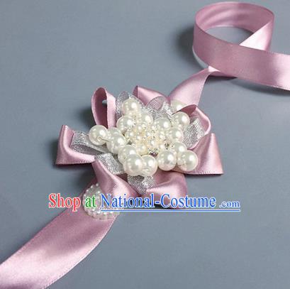 Top Grade Classical Wedding Pearl Pink Ribbon Bangle, Bride Emulational Wrist Flowers Bridesmaid Bracelet Flowers for Women