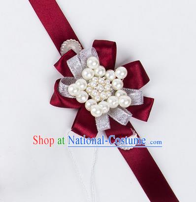 Top Grade Classical Wedding Pearl Wine Red Ribbon Bangle, Bride Emulational Wrist Flowers Bridesmaid Bracelet Flowers for Women