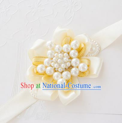 Top Grade Classical Wedding Pearl Yellow Ribbon Bangle, Bride Emulational Wrist Flowers Bridesmaid Bracelet Flowers for Women