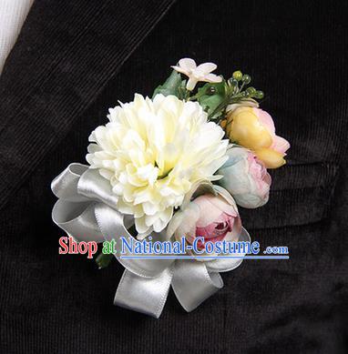 Top Grade Classical Wedding White Ribbon Silk Flowers,Groom Emulational Corsage Groomsman Brooch Flowers for Men