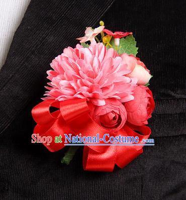 Top Grade Classical Wedding Red Ribbon Silk Flowers,Groom Emulational Corsage Groomsman Brooch Flowers for Men