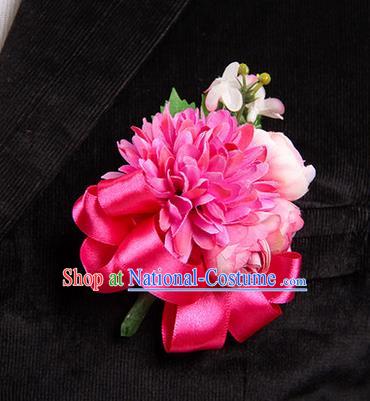 Top Grade Classical Wedding Rosy Ribbon Silk Flowers,Groom Emulational Corsage Groomsman Brooch Flowers for Men