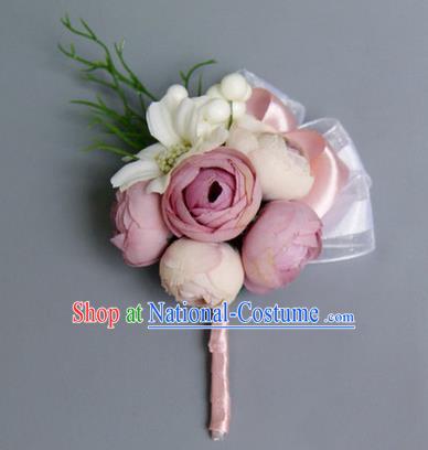 Top Grade Classical Wedding Pink Silk Flowers,Groom Emulational Corsage Brooch Flowers for Men