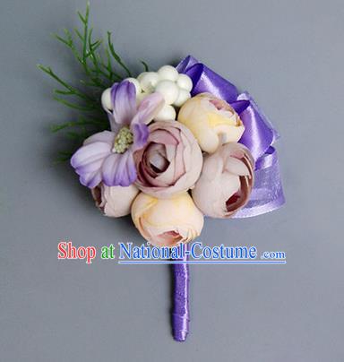 Top Grade Classical Wedding Lilac Silk Flowers,Groom Emulational Corsage Brooch Flowers for Men