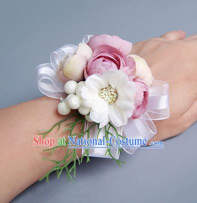 Top Grade Classical Wedding Dusty Pink Silk Flowers, Bride Emulational Wrist Flowers Bridesmaid Bracelet Flowers for Women