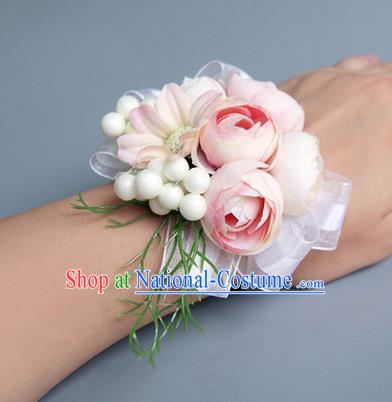 Top Grade Classical Wedding Light Pink Silk Flowers, Bride Emulational Wrist Flowers Bridesmaid Bracelet Flowers for Women