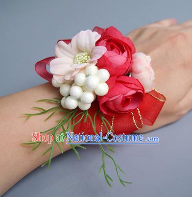 Top Grade Classical Wedding Red Silk Flowers, Bride Emulational Wrist Flowers Bridesmaid Bracelet Flowers for Women