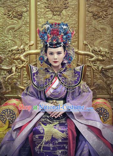 Traditional Ancient Chinese Palace Empress Costume and Headpiece Complete Set, Chinese Ming Dynasty Queen Dress Clothing for Women