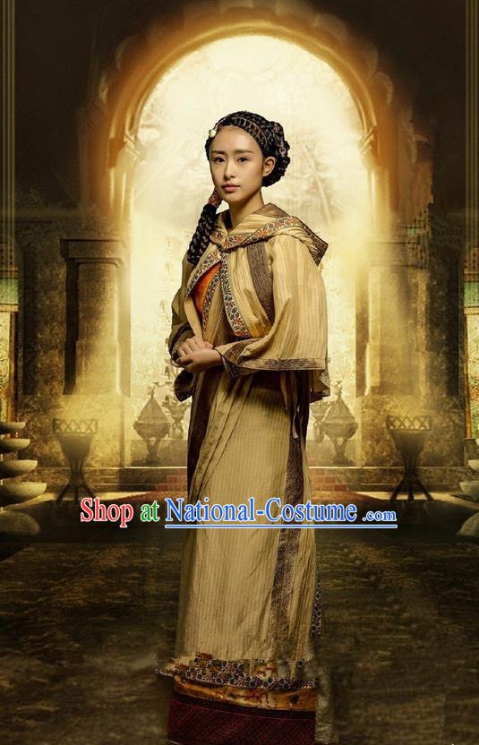 Traditional Ancient Chinese Qiuci Countries Minority Princess Costume and Handmade Headpiece Complete Set, Chinese Qin Dynasty Lady Hanfu Dress Clothing