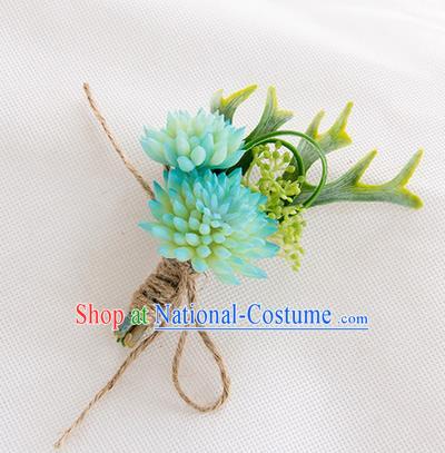 Top Grade Classical Wedding Succulents Flowers,Groom Emulational Corsage Groomsman Blue Brooch Flowers for Men