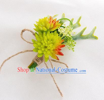 Top Grade Classical Wedding Succulents Flowers,Groom Emulational Corsage Groomsman Light Green Brooch Flowers for Men