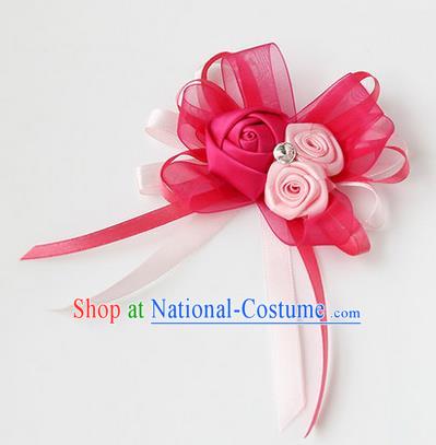 Top Grade Classical Wedding Ribbon Flowers, Bride Emulational Corsage Bridesmaid Rosy Bowknot Brooch Flowers for Women