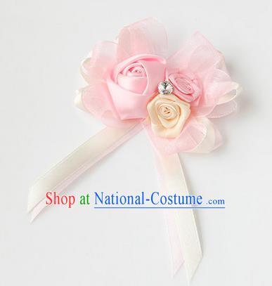 Top Grade Classical Wedding Ribbon Flowers, Bride Emulational Corsage Bridesmaid Light Pink Bowknot Brooch Flowers for Women