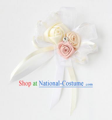 Top Grade Classical Wedding Ribbon Flowers, Bride Emulational Corsage Bridesmaid White Bowknot Brooch Flowers for Women