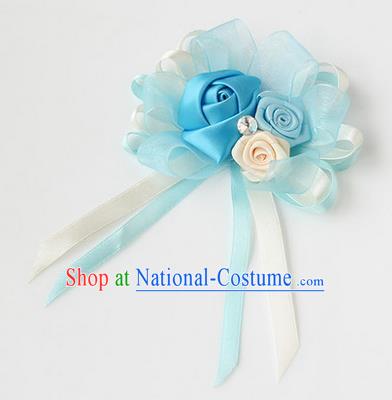 Top Grade Classical Wedding Ribbon Flowers, Bride Emulational Corsage Bridesmaid Light Blue Bowknot Brooch Flowers for Women