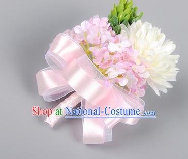 Top Grade Classical Wedding Pink Ribbon Flowers, Bride Emulational Corsage Bridesmaid Brooch Flowers for Women