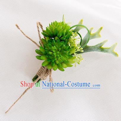 Top Grade Classical Wedding Succulents Flowers,Groom Emulational Corsage Groomsman Green Brooch Flowers for Men