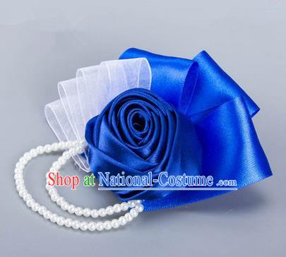 Top Grade Classical Wedding Royalblue Ribbon Flowers, Bride Emulational Crystal Wrist Flowers Bridesmaid Beads Bracelet Flowers for Women