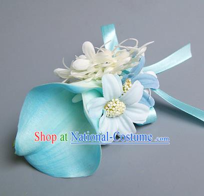 Top Grade Classical Wedding Blue Silk Common Callalily Flowers,Groom Emulational Corsage Groomsman Brooch Flowers for Men