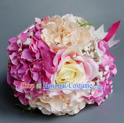 Top Grade Classical Wedding Silk Flowers, Bride Holding Emulational Pink Flowers, Hand Tied Bouquet Flowers for Women