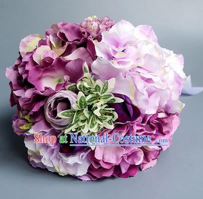 Top Grade Classical Wedding Silk Flowers, Bride Holding Emulational Purple Flowers, Hand Tied Bouquet Flowers for Women