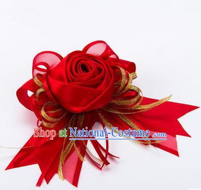 Top Grade Classical Wedding Red Silk Rose Flowers, Bride Emulational Corsage Bridesmaid Bowknot Ribbon Brooch Flowers for Women