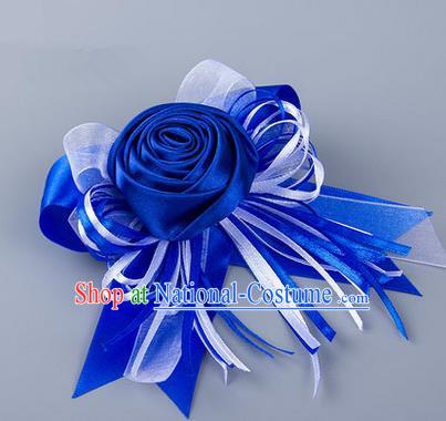 Top Grade Classical Wedding Royalblue Silk Rose Flowers, Bride Emulational Corsage Bridesmaid Bowknot Ribbon Brooch Flowers for Women