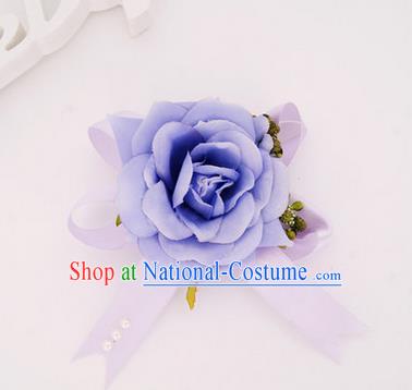 Top Grade Classical Wedding Lilac Silk Flowers, Bride Emulational Corsage Bridesmaid Bowknot Ribbon Brooch Rose Flowers for Women