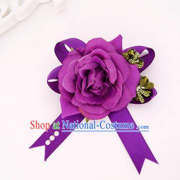 Top Grade Classical Wedding Purple Silk Flowers, Bride Emulational Corsage Bridesmaid Bowknot Ribbon Brooch Rose Flowers for Women