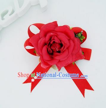 Top Grade Classical Wedding Red Silk Flowers, Bride Emulational Corsage Bridesmaid Bowknot Ribbon Brooch Rose Flowers for Women