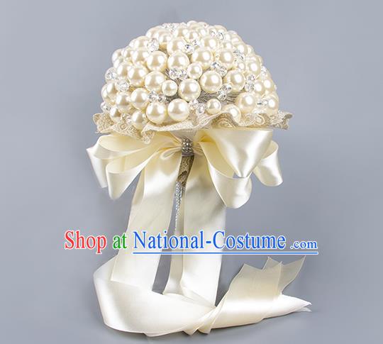 Top Grade Classical Wedding Bride White Ribbon Holding Emulational Crystal Flowers Ball, Hand Tied Bouquet Pearls Flowers for Women