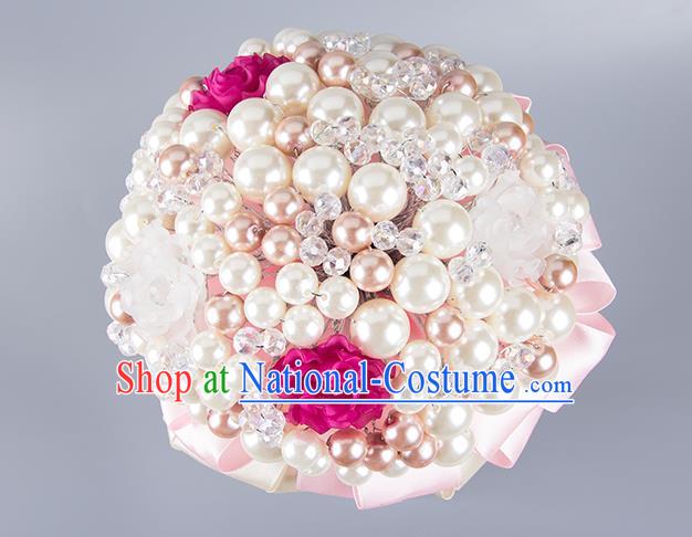 Top Grade Classical Wedding Bride Pink Ribbon Holding Emulational Crystal Flowers Ball, Hand Tied Bouquet Pearls Flowers for Women