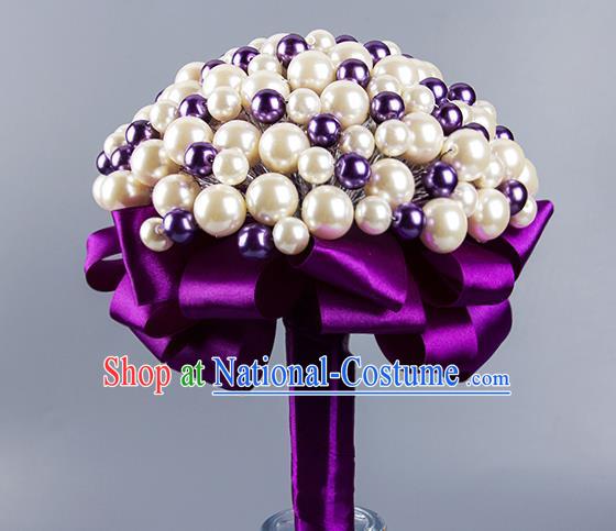 Top Grade Classical Wedding Bride Purple Ribbon Holding Emulational Crystal Flowers Ball, Hand Tied Bouquet Pearls Flowers for Women