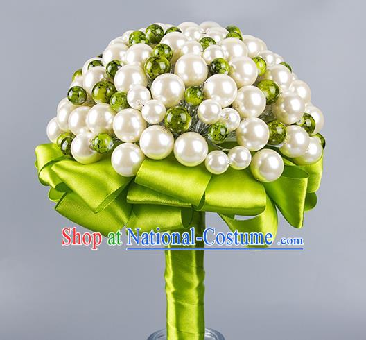 Top Grade Classical Wedding Bride Green Ribbon Holding Emulational Crystal Flowers Ball, Hand Tied Bouquet Pearls Flowers for Women