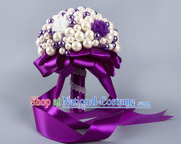 Top Grade Classical Wedding Bride Purple Flowers Holding Emulational Crystal Flowers Ball, Hand Tied Bouquet Pearls Flowers for Women