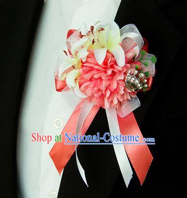 Top Grade Classical Wedding Silk Flowers,Groom Emulational Corsage Groomsman Watermelon Red Brooch Flowers for Men