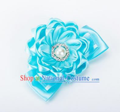 Top Grade Classical Wedding Blue Ribbon Silk Bangle Flowers, Bride Emulational Wrist Flowers Bridesmaid Bracelet Pearl Flowers for Women