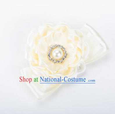 Top Grade Classical Wedding Beige Ribbon Silk Bangle Flowers, Bride Emulational Wrist Flowers Bridesmaid Bracelet Pearl Flowers for Women