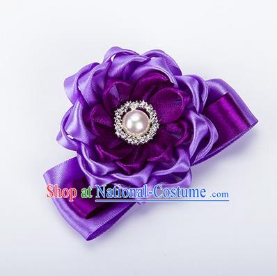 Top Grade Classical Wedding Purple Ribbon Silk Bangle Flowers, Bride Emulational Wrist Flowers Bridesmaid Bracelet Pearl Flowers for Women