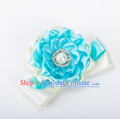 Top Grade Classical Wedding Blue Ribbon Silk Bangle Flowers, Bride Emulational Wrist Flowers Bridesmaid Bracelet Pearl Flowers for Women