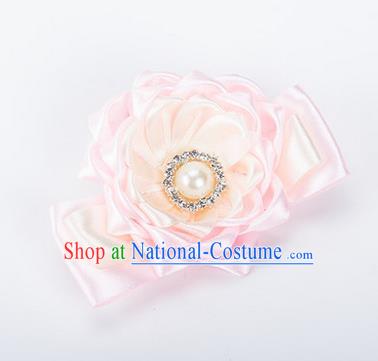 Top Grade Classical Wedding Light Pink Ribbon Silk Bangle Flowers, Bride Emulational Wrist Flowers Bridesmaid Bracelet Pearl Flowers for Women