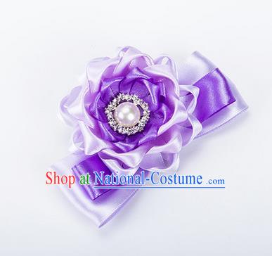 Top Grade Classical Wedding Lilac Ribbon Silk Bangle Flowers, Bride Emulational Wrist Flowers Bridesmaid Bracelet Pearl Flowers for Women